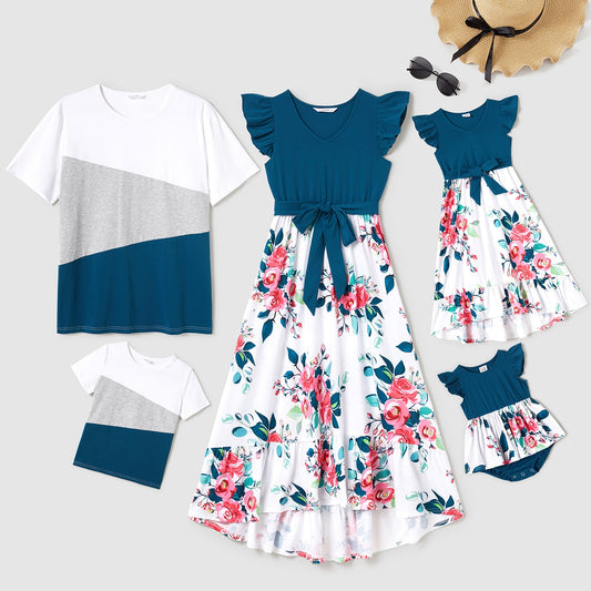 Floral Print Dresses & Color-block T-shirts /Family Matching Outfits
