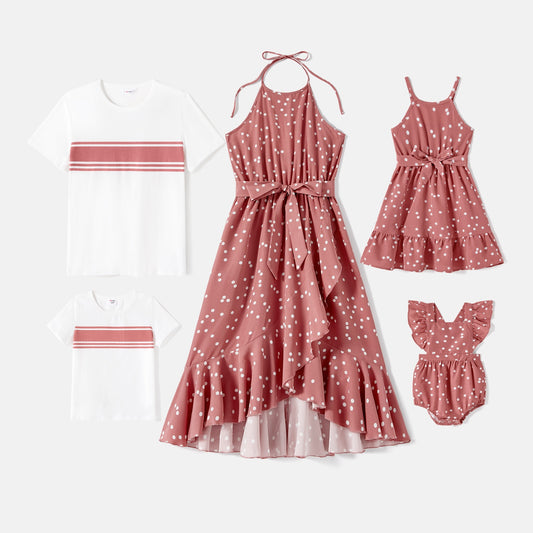 Cotton Short-sleeve Striped T-shirts & Polka Dot Print Halter Ruffle Trim Dresses Sets